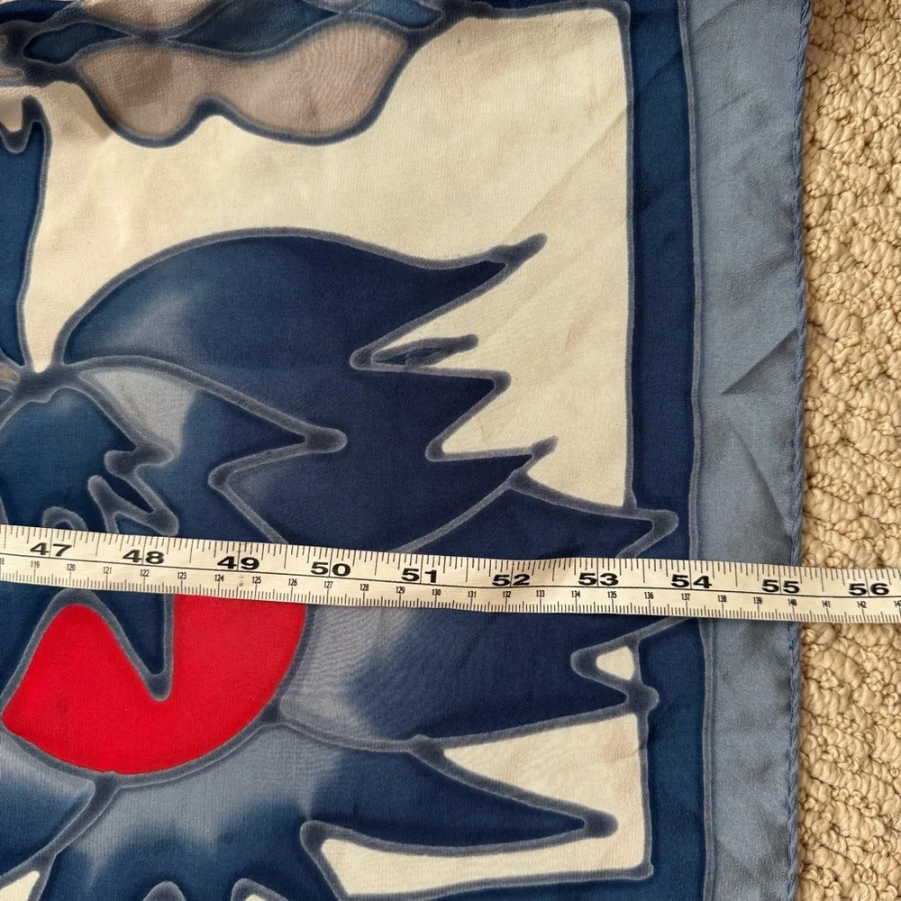 Artisan Hand Painted Blue Red White Silk Floral Neck Skinny Oblong Scarf
